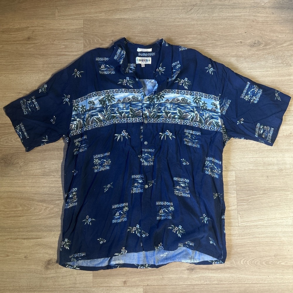 Campia Moda Mens XXL Hawaiian Shirt Navy Blue Rayon Tropical Scenic Island Print